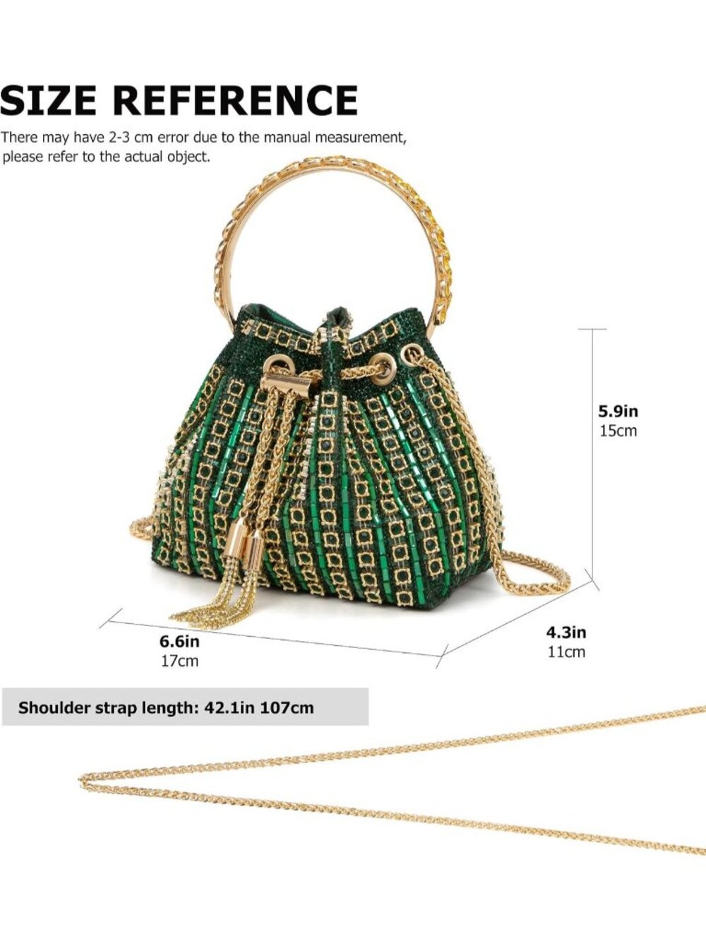 Women's Green Sparkly Rhinestone Clutch Purse Bucket Evening Bag with Chain - Picture 4 of 6